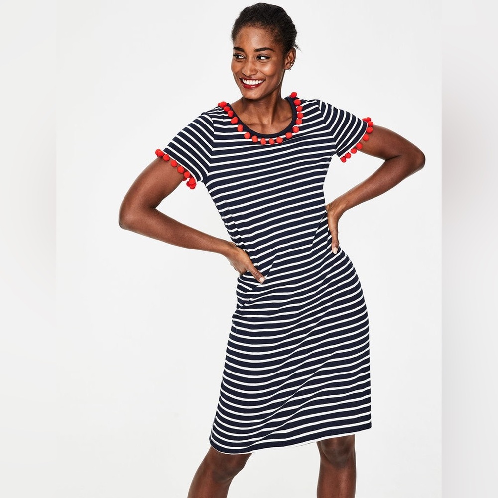 Boden Bridget Jersey T-Shirt Dress Striped Pom Pom Trim Navy US 12 L New W Tags
